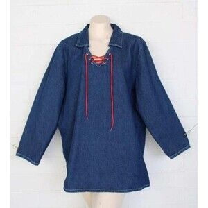 Denim & Co 1X Dark Wash Blue Denim Lace Up Neckline Pullover Tunic Top